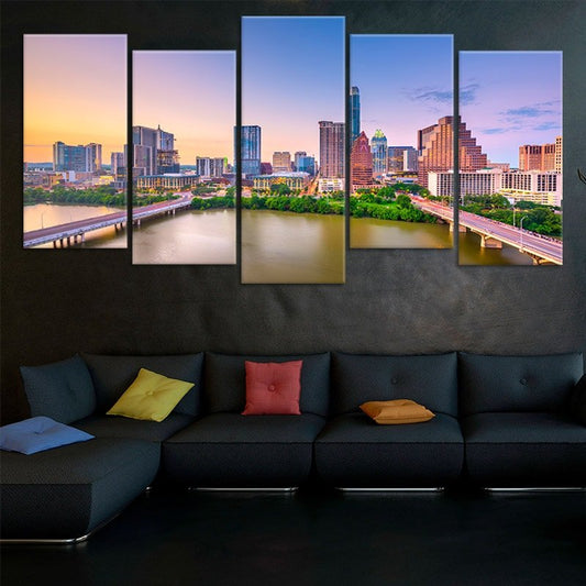 Downtown Austin cityscape — large canvas wall art showcasing river reflections, peaceful and uplifting accent for bedroom interiors.