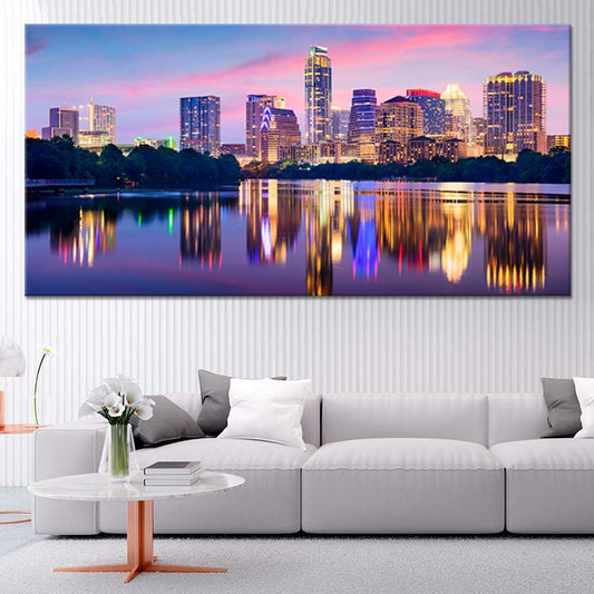 Austin skyline at night — modern canvas wall art for living room featuring calming city reflections and contemporary color tones.
