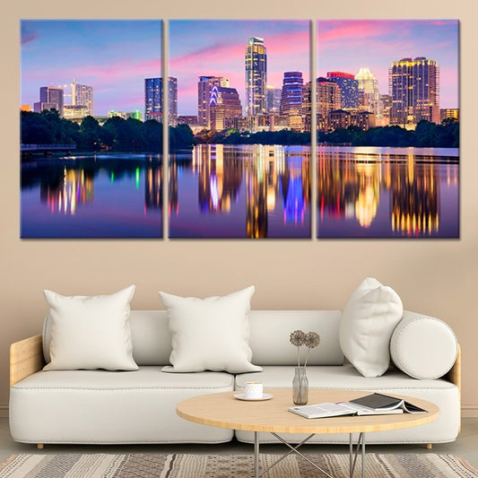 Downtown Austin cityscape — large canvas wall art for bedroom showcasing inspiring skyline lights and elegant modern style décor.