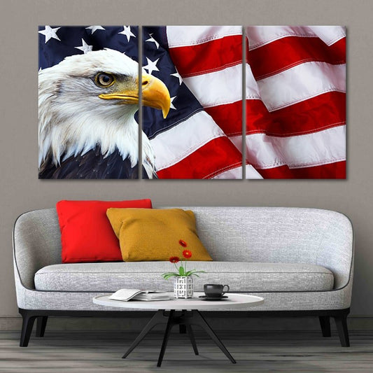 Bald eagle with American flag — large canvas wall art for living room, symbolizing freedom and pride in patriotic home decor.