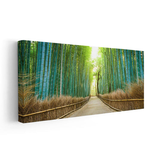 Peaceful bamboo pathway surrounded by tall green stalks — large canvas wall art ideal for bedroom decor, creating a serene and meditative mood.