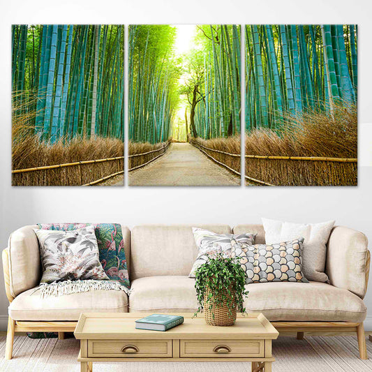 Kyoto bamboo forest glowing with warm sunlight, canvas wall art for a peaceful living room that brings calming natural energy into your home decor.