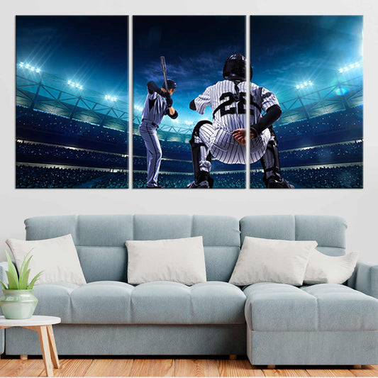Two baseball players in stadium canvas wall art for living room décor, adding inspiring competitive energy to a bold modern sports space