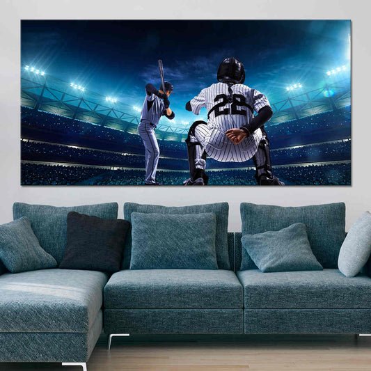 Stadium baseball duo in vivid blue tones — large canvas wall art enhancing bedroom décor with uplifting athletic drive and modern style