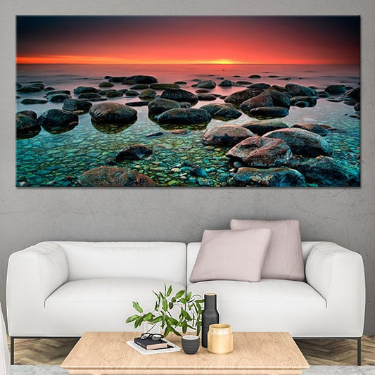 Ocean rocks under glowing sky — large canvas wall art for bedroom, calming coastal tones add warmth and modern charm
