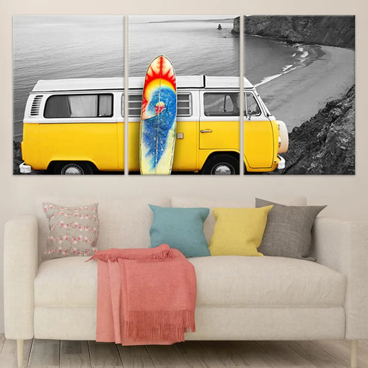Vintage surf VW van canvas wall art for living room décor, adding uplifting coastal charm with bold yellow tones on a classic shoreline scene