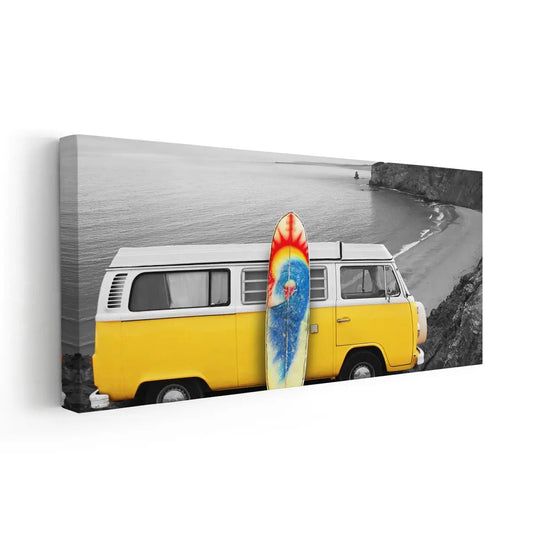 Yellow beach camper van in retro monochrome palette — large canvas wall art ideal for a calming bedroom setup with warm nostalgic vibes