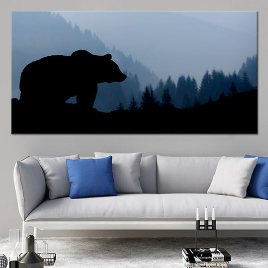 Bear silhouette in forest — modern canvas wall art, minimalist dark tones creating a peaceful woodland feel for bedroom interiors.