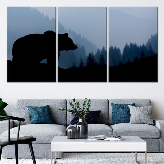 Black bear silhouette — large canvas wall art, misty forest background bringing calm rustic charm to modern living room décor.