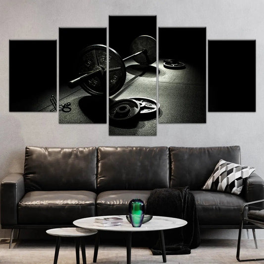 Weightlifting gear in dramatic lighting — large canvas wall art, dark gym palette for an uplifting workout space or fitness room decor