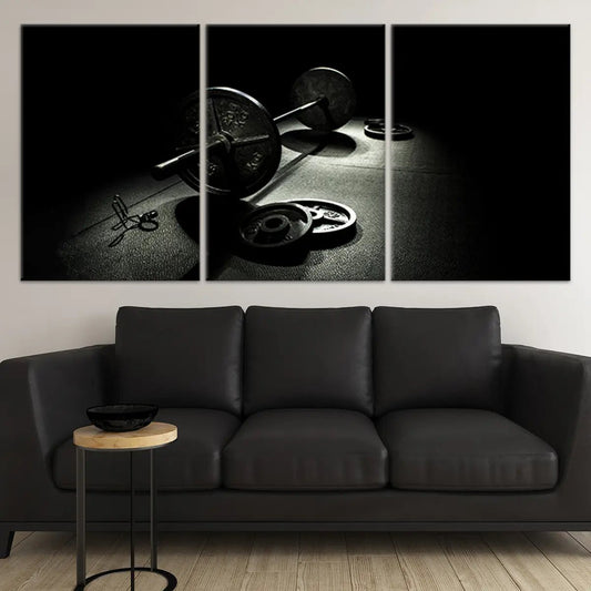 Barbell setup canvas wall art for a modern home gym, designed to create an inspiring atmosphere for strength workouts and training goals