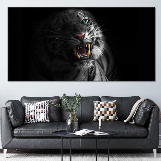 Black and white tiger — modern canvas wall art for living room, bold wildlife design symbolizing power and elegance in home décor.