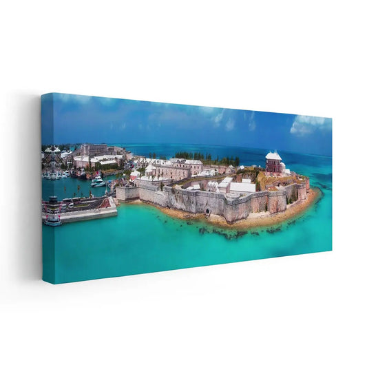 Historic Bermuda Fort — modern canvas wall art with ocean blue hues, perfect centerpiece for beach-style home décor.