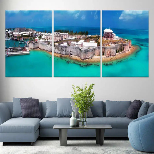 Bermuda Fort coastal view — large canvas wall art for living room, turquoise water and coral tones create a peaceful atmosphere.