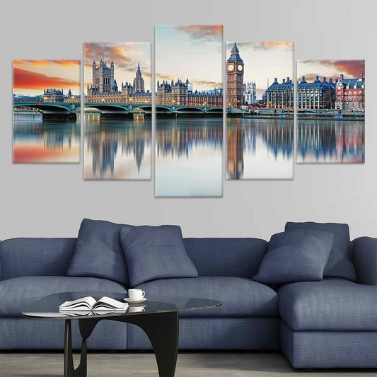London skyline with Big Ben — modern canvas wall art in golden and blue palette, elegant décor for stylish and sophisticated homes.