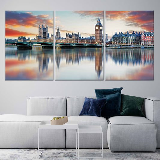 Big Ben skyline — large canvas wall art for living room, featuring London’s iconic cityscape in warm sunset tones and reflections.