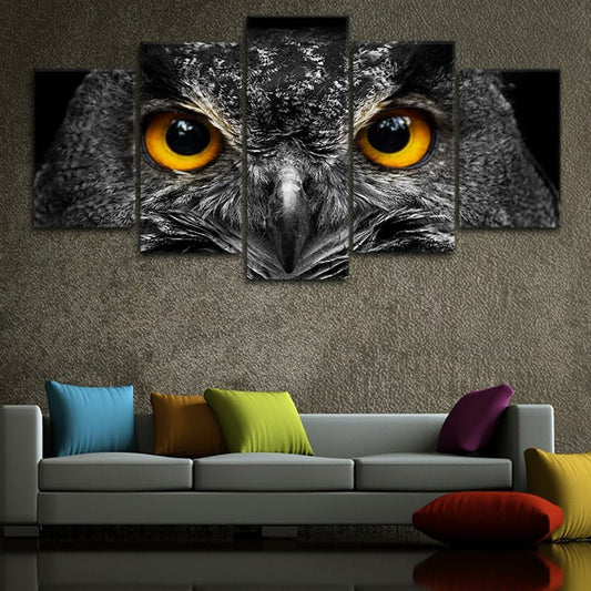 Majestic owl portrait — large canvas wall art, dramatic lighting and golden eyes adding depth and mystery to modern home décor.