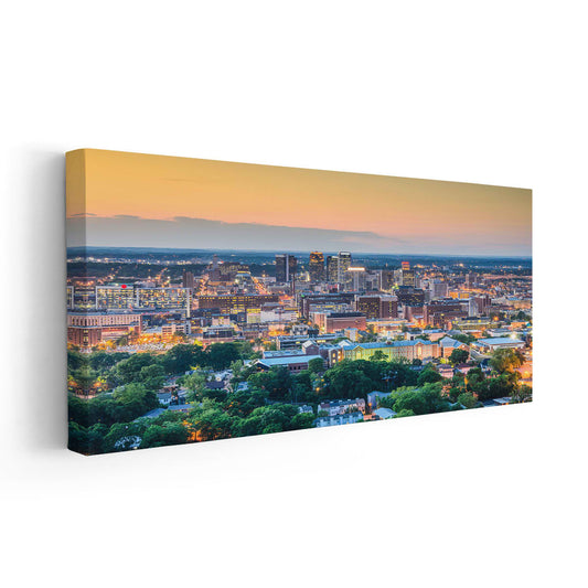 Colorful Birmingham skyline at sunset — modern canvas wall art, warm golden palette creating peaceful and stylish home décor.