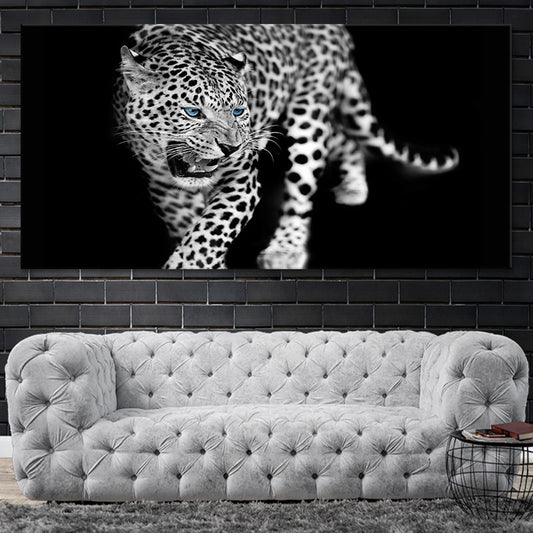 Blue-eyed jaguar — modern canvas wall art with monochrome palette, ideal for office or contemporary living room décor.