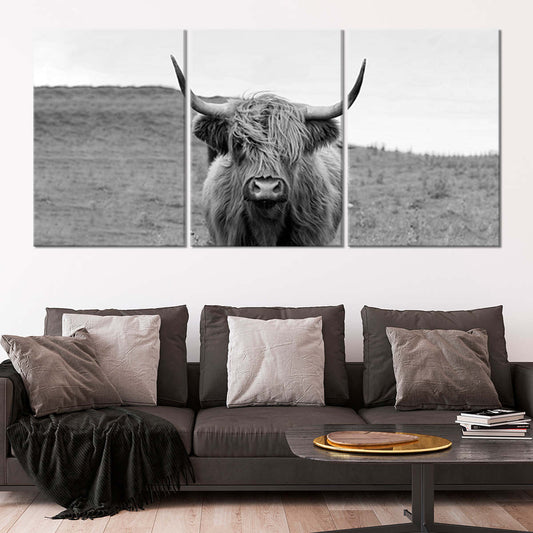Minimalist highland cow — large canvas wall art for living room, adding rustic elegance and calm charm to modern spaces.
