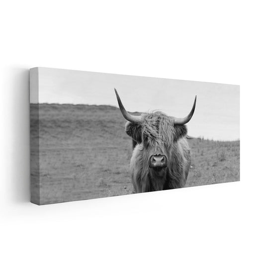Monochrome cow — modern canvas wall art in minimalist black-and-white tones, ideal for farmhouse or Scandinavian decor.
