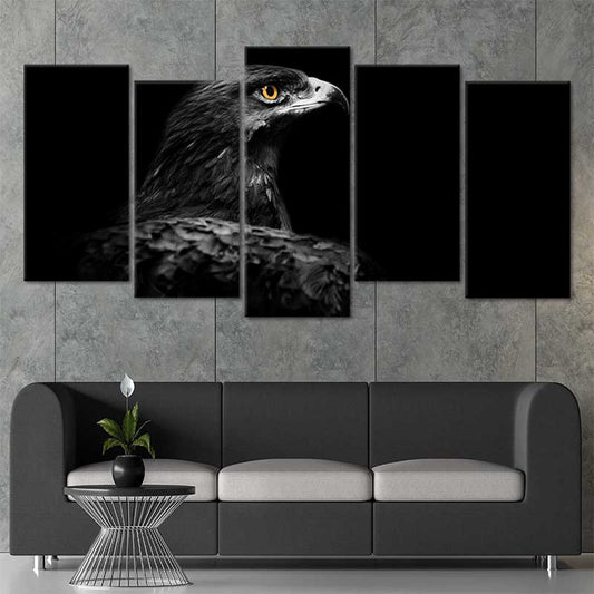 Majestic dark-feathered eagle in minimalist monochrome — large canvas art ideal for bedroom wall art, creating a bold and calming atmosphere.