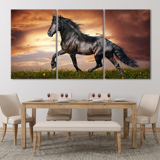 Black mustang horse — modern canvas wall art for living room, symbolizing strength and freedom with a rustic sunset background.