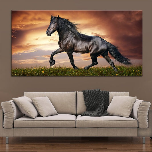 Galloping black stallion — large canvas wall art in warm tones, perfect for farmhouse or modern rustic home decor.