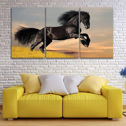 Galloping horse in sunset — large canvas wall art, golden tones adding energy and beauty to modern farmhouse or rustic spaces.