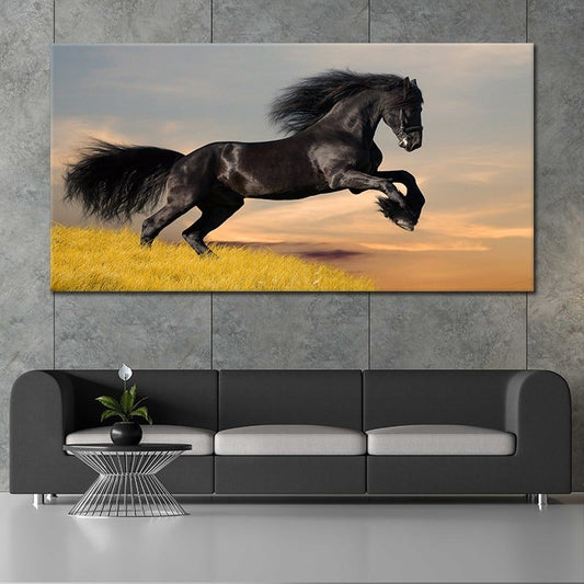 Black horse galloping at sunset — modern canvas wall art for living room, inspiring freedom and motion in elegant home décor.