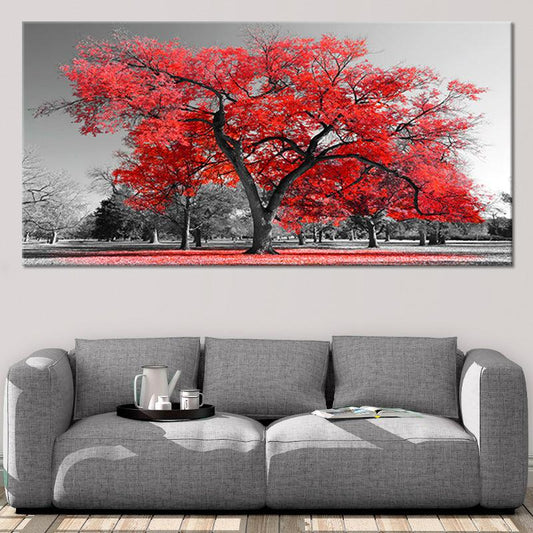 Crimson maple forest against grayscale tones Large canvas art adding a peaceful bedroom mood with dramatic color pop and stylish décor appeal