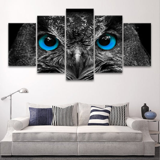 Grey owl portrait in detailed feathers — large canvas wall art for office or living room, symbolizing wisdom and focus.