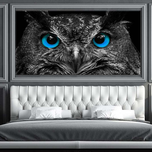 Striking blue-eyed owl — modern canvas wall art for bedroom, creating a bold and mysterious atmosphere in your home.