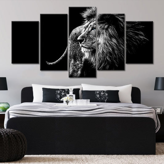 Blue-eyed lion close-up — large canvas wall art, bold grayscale tones adding strength and sophistication to modern home interiors.