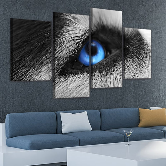 Blue-eyed wolf — large canvas wall art for living room, powerful wildlife design bringing a modern and captivating atmosphere to space.