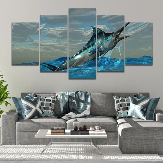 Swordfish underwater scene — large canvas wall art, ocean-inspired tones creating a calming and adventurous marine atmosphere.
