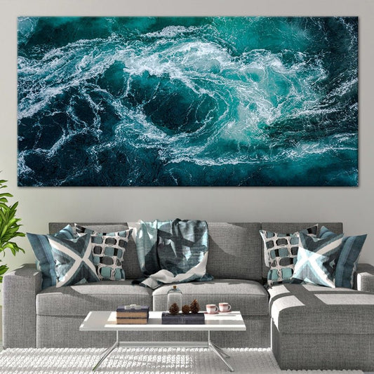 Blue sea waves — coastal canvas print with vibrant water movement, modern ocean wall decor for bedroom or beach house style