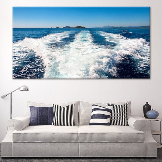 Speeding boat trail — modern canvas wall art, vivid ocean blues and sea spray create an uplifting, adventurous maritime statement.