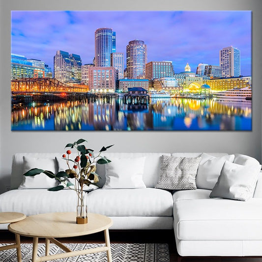 Boston skyline at dusk canvas wall art for living room — glowing reflections and blue tones add a modern coastal city vibe.