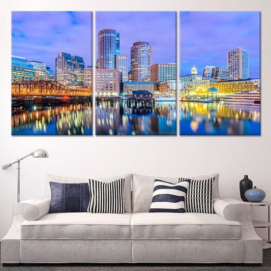 Massachusetts skyline — large canvas wall art featuring city lights over water, perfect for bedroom or elegant home office decor.