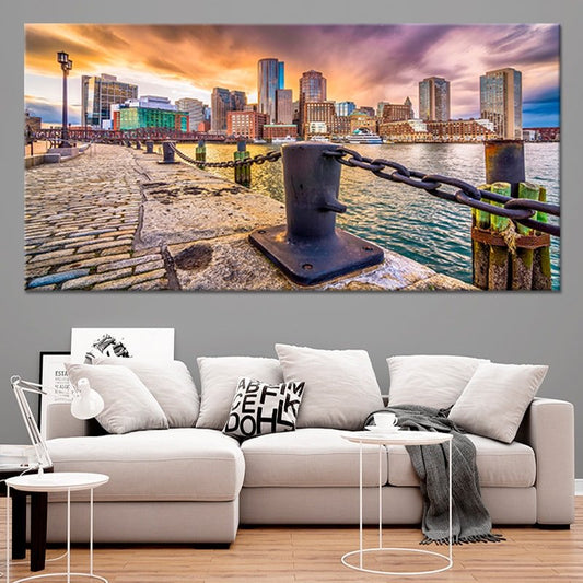 Boston skyline at sunset — modern canvas wall art for living room featuring warm golden light and inspiring urban waterfront view.