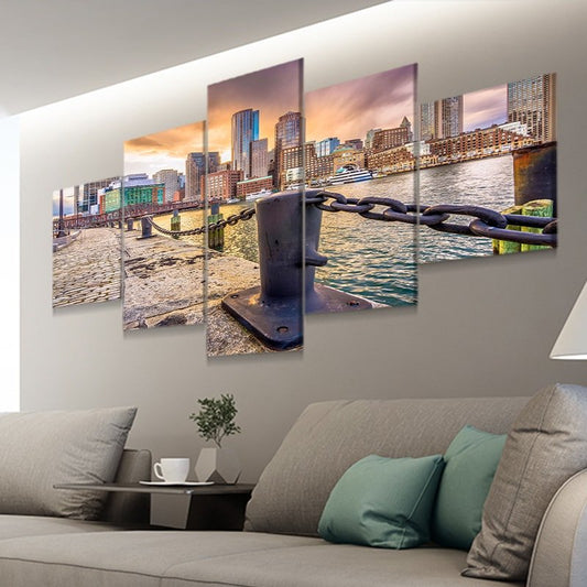 Boston Harbor skyline — large canvas wall art for bedroom highlighting calming reflections and elegant pastel evening palette.