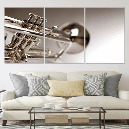 Modern brass trumpet detail — large canvas wall art, soft silver highlights and clean lines for calming bedroom decor