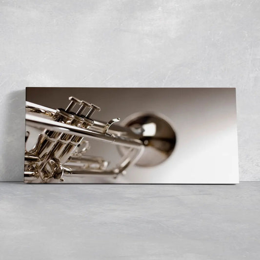 Brass trumpet close-up canvas wall art for living room wall art, polished metal tones create an inspiring jazz atmosphere