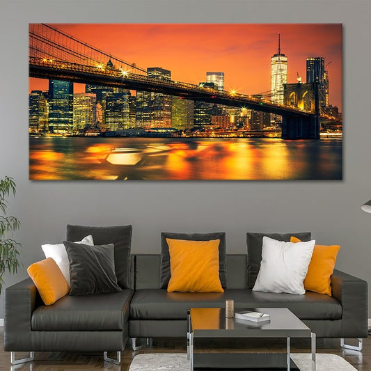 Brooklyn Bridge skyline canvas wall art for living room — warm golden tones reflecting on water create modern urban elegance.