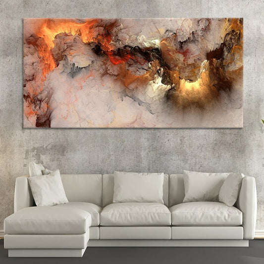 Fiery orange and charcoal cloudlike textures on neutral canvas, minimalist abstract wall art sized for above-sofa placement