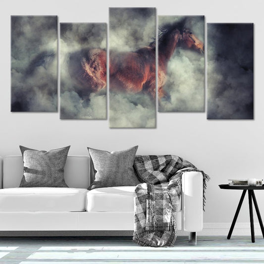 Mystic stallion in motion — large canvas wall art for living room, dramatic horse artwork symbolizing power and freedom in smoky tones.