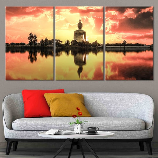 Modern spiritual sunset Buddha — large canvas wall art, glowing orange sky and calm symmetry creating an inspiring modern decor focus