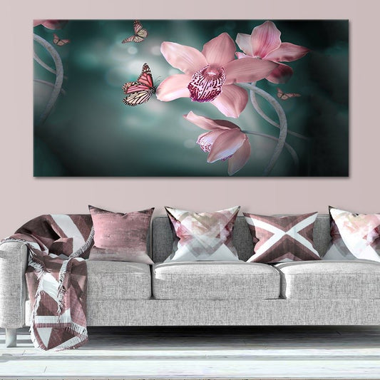 Butterfly and orchid — modern canvas wall art for bedroom, featuring pink floral tones that create a peaceful and romantic atmosphere.