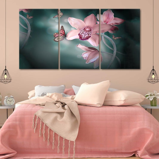 Pink orchids with butterfly — large canvas wall art, elegant floral design bringing uplifting charm to living room or modern interiors.